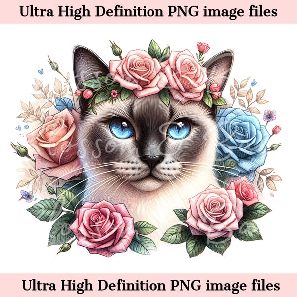 Digital Beautiful Siamese Cat PNG Flower Cat Art - Cute Kitten PNG Instant Download for Home Decor and Crafting Gifts - Cute Cat Mom gifts