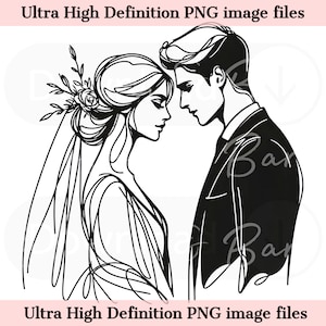 Linha de desenho digital - Arquivo PNG de arte de parede de casamento Linda linha de tinta artística Noiva e noivo mínimo - Download instantâneo PNG para decoração de casamento