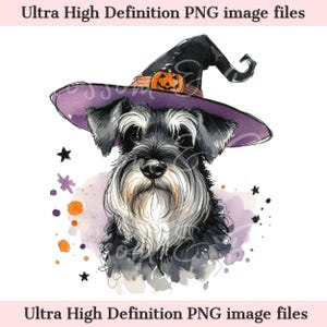 May include: Watercolor illustration of a Schnauzer dog wearing a witch hat with a pumpkin. The dog has black and white fur, a long white beard, and is surrounded by purple and orange watercolor splatters and black stars. Text at the top and bottom reads "Ultra High Definition PNG image files."