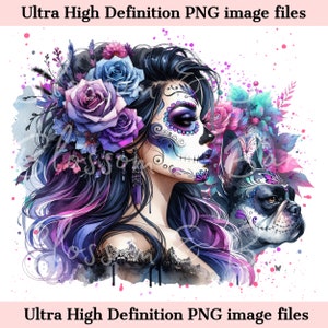 Digitaler Sugar Skull Hund Mom PNG Tag der Toten Art Frenchie PNG - Download für Schädel Halloween Shirt Sublimation Clip Art für Fur Mama