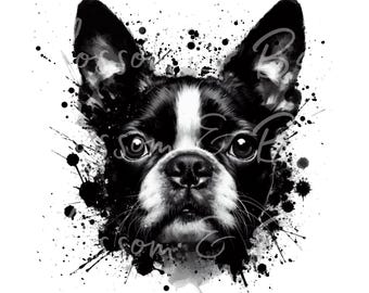 Digital - Ink Boston Terrier Dog PNG - Instant Download for Ink Dog Shirt Sublimation, Graffiti Puppy PNG, Sketch Terrier png Breed Clip Art