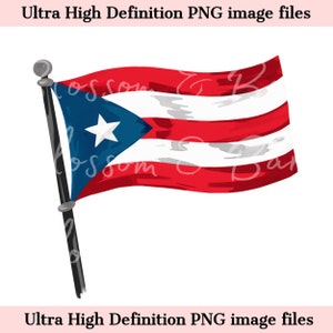 May include: A watercolor-style illustration of the Puerto Rican flag waving on a flagpole. The flag is red, white, and blue with a white star in the blue triangle.