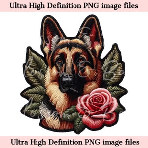 Rosa bordada y pastor alemán PNG, Parche 3D falso, Descarga digital PNG para sublimación de mamá canina y peluquero canino, Uso comercial seguro