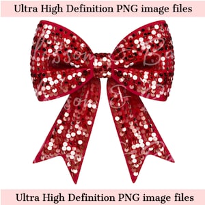 May include: A red sequined bow with a large center loop and two long tails. The bow is made of a shiny, sparkly fabric.