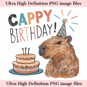 Feliz cumpleaños Capybara PNG - Descarga instantánea para camisa de cumpleaños divertida - Lindo Capybara PNG para sublimación de camisa - seguro para uso comercial