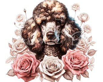 Digital Chocolate Merle Poodle PNG Flower Dog Art - Standard Poodle Dog Puppy PNG Instant Download for Shirt Sublimation and Design