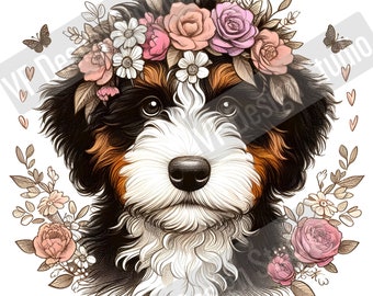 May include: A black, brown, and white puppy wearing a flower crown with pink, white, and yellow flowers. The puppy is looking directly at the camera.
