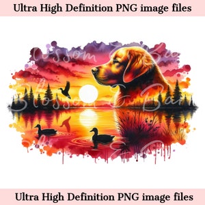 Digital - Golden Retriever PNG - Descarga instantánea para sublimación de camisa de caza - Perro de caza PNG - Perro Retriever Acuarela Retrato al atardecer