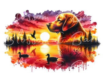 Digital - Golden Retriever PNG - Direktnedladdning för jaktskjorta sublimering - Jakthund PNG - Retrieverhund akvarell solnedgångsporträtt