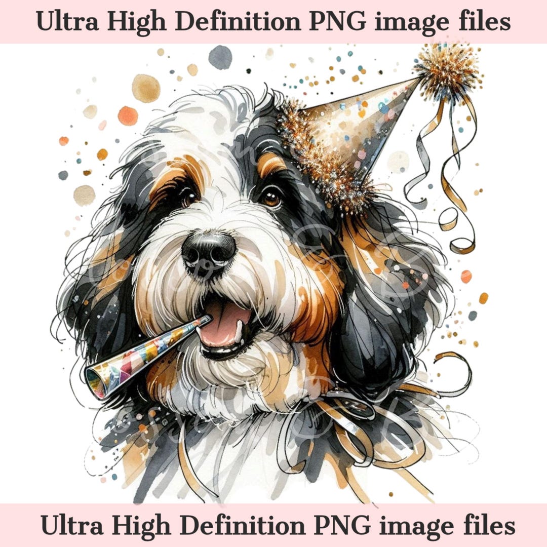 Digital New Years Bernedoodle Dog PNG Holiday Dog Art - Cute Birthday ...