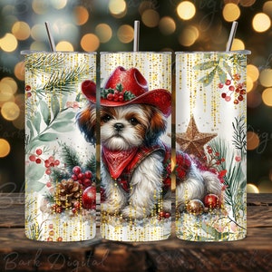 Digital - Copo de cachorro Shih Tzu de Natal embrulhado em 20 oz Design de sublimação de copo fino, Feliz Natal PNG Download, Shih Tzu ocidental png