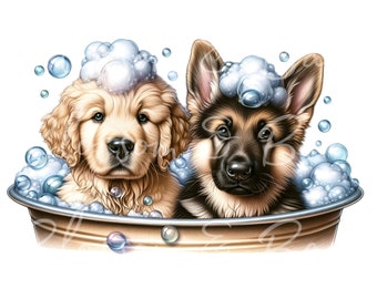 Digital Dog Groomer PNG Puppy Bath Dog Art - Cute Retriever and Shepherd puppy PNG Instant Download for Pet Shop Decor Gifts and sublimation