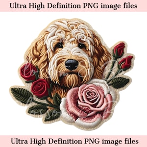 May include: Embroidered patch featuring a brown and white dog with a pink and white rose and red roses.