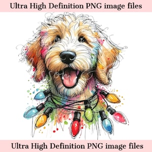 Numérique - Cute Goldendoodle PNG Christmas Dog Portrait PNG - Download for Doodle Dog Mom Tangled Xmas Lights Christmas Dog Sublimation