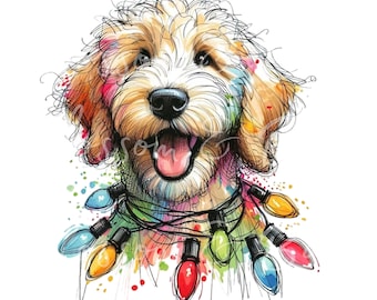 May include: A watercolor illustration of a dog with a colorful string of Christmas lights around its neck. The dog is smiling with its tongue sticking out. The background is a white watercolor wash.