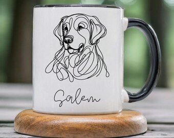 May include: White ceramic mug with a black handle. The mug features a black line drawing of a dog's head with the name "Salem" printed below.