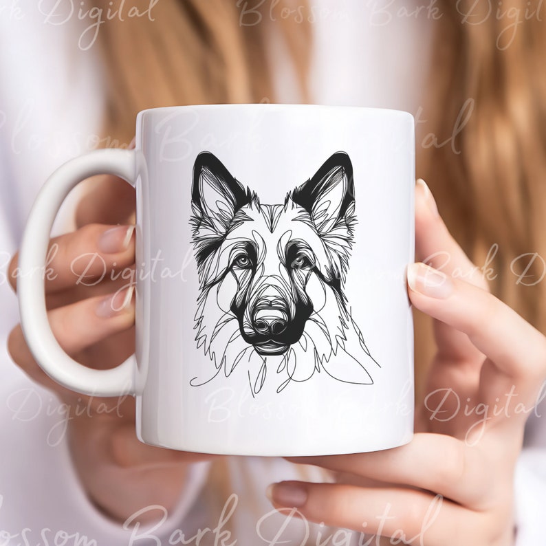 May include: White ceramic mug with a black line drawing of a German Shepherd dog's head.