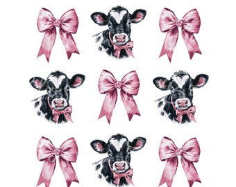 Cute Dairy Cow and Coquette Bow PNG - Instant Download for Cute Grid Shirt Sublimation - Cows and Pink Bow PNG  -  Cute Farm Girl PNG Design