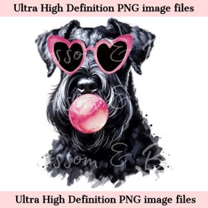 Retrato de perro Schnauzer negro digital PNG con acuarela PNG - Descarga para sublimación de camiseta de perro Schnauzer con gafas de corazón - Seguro para uso comercial