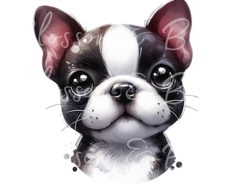 Cute Boston Terrier PNG - Instant Download for Cute Boston Terrier Dog Mom Shirt Sublimation - Chibi Puppy PNG - Cute Dog Portrait Clip Art