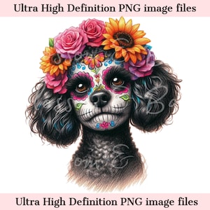 Digitaler schwarzer Spielzeug Pudel PNG Tag der Toten png - Süßer Pudel Hund PNG Sofort-Download für Halloween-Shirt Sublimation Clip Art für Hundemutter