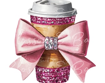 Digital Pink Coquette Coffee PNG Pretty Girly Pink Bow PNG  - Faux Gem Download for Coffee Girl Shirt Sublimation - Safe for Commercial Use