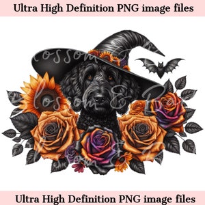 Digitaler schwarzer Gekritzel-Halloween-Hund PNG - niedlicher Labradoodle PNG Sofort-Download für Hundefriseur und Vintage Blumenhexen-Shirt Sublimation
