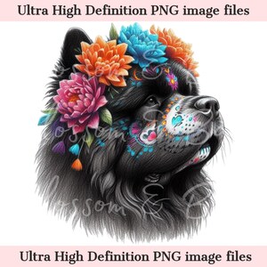 Digitaler süßer Chow Chow PNG Tag der Toten - Floral Sugar Skull Hund PNG Download für Halloween Dog Mom Shirt Sublimation Mexikanischer Zuckerschädel