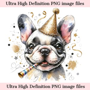Arte digital de cachorro de buldogue francês PNG de ano novo digital - Filhote de cachorro de aniversário de buldogue francês PNG Download instantâneo para decoração de feriado, presente e sublimação