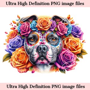 Digitaler Pit Bull PNG Tag der Toten png - Süßer Pit Bull Hund PNG Sofort Download für Halloween Shirt Sublimation Clip Art für Hundemama