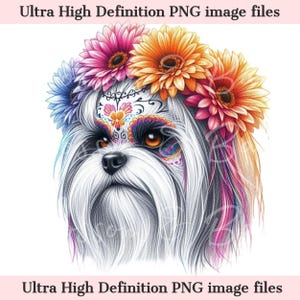 Digitaler süßer Malteser PNG Tag der Toten - Floral Dia de los Muertos Hund PNG Download für Halloween Hund Mama Shirt Sublimation Zuckerschädel