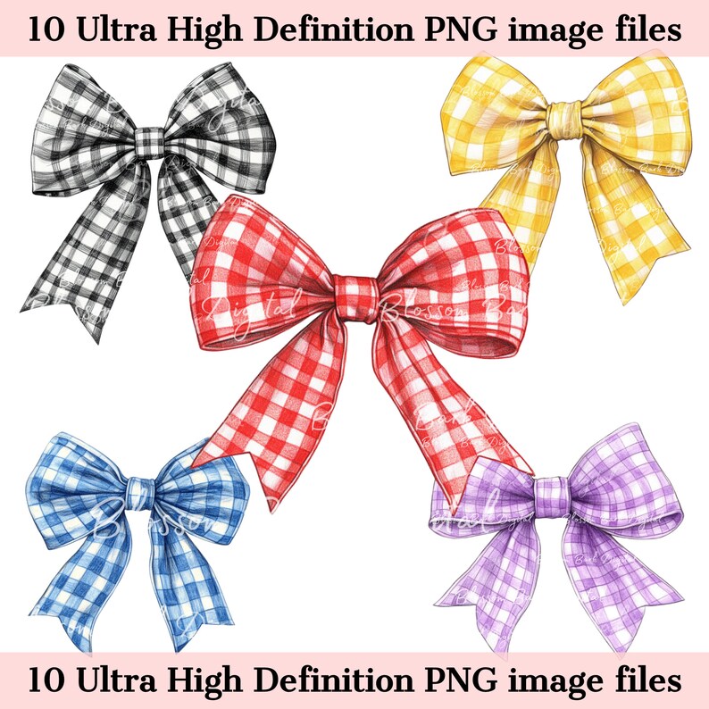 Puede incluir: Cinco lazos de vichy de diferentes colores. Los lazos son blanco y negro, rojo y blanco, amarillo y blanco, azul y blanco y morado y blanco.