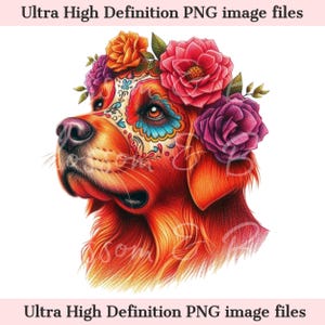 Digitale Golden Retriever PNG Dag van de Doden - Prachtige jachthond png-download voor Halloween Rood gouden shirt sublimatie suikerschedel