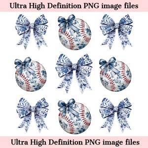 May include: Nine PNG image files featuring baseballs and bows. The baseballs have red stitching and a floral design in blue and white. The bows are also blue and white with a floral pattern. The text at the top and bottom of the image reads "Ultra High Definition PNG image files."