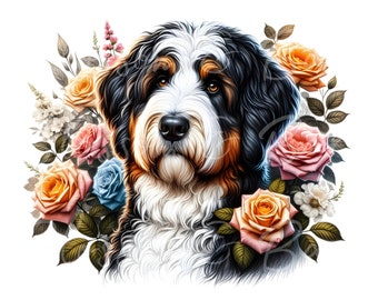 May include: A black, white, and brown dog with fluffy fur is surrounded by colorful flowers. The dog has a sweet expression and is looking directly at the viewer.