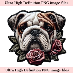 Rosa bordada y bulldog inglés PNG - Parche 3D falso PNG Descarga digital para sublimación de mamá de perro y peluquero de perros - Uso comercial seguro