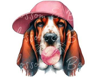 May include: A brown and white basset hound wearing a pink baseball cap and holding a pink bubble in its mouth.