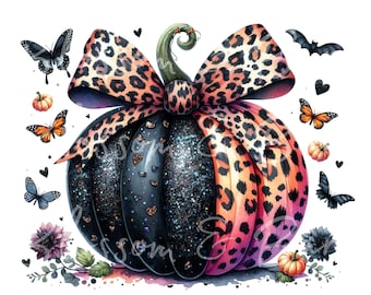 Calabaza con lazo de guepardo PNG, linda calabaza PNG de Halloween, calabaza PNG con acuarela brillante para sublimación de camisetas y manualidades de otoño y Halloween.