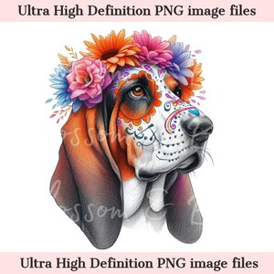 Digital Bassett Hound PNG Dag van de doden - prachtige jachthond png-download voor Halloween Hound-shirt sublimatie suikerschedelontwerp