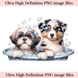 Toiletteur numérique pour chien PNG bain chien chien Art - mignon chiot aussie et shih tzu PNG téléchargement immédiat pour cadeaux de décoration et sublimation