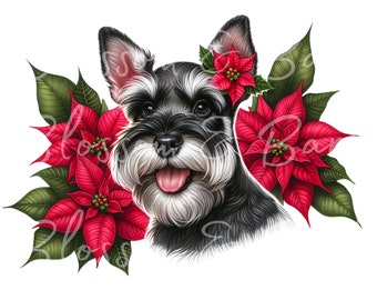 Digital julschnauzerhund PNG-högtidshundkonst - miniatyrschnauzervalp PNG direktnedladdning för högtidsdekor, present och sublimering