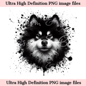 May include: Black and white digital illustration of a dog's head with a splatter paint effect. The dog has a fluffy white beard and a black nose.