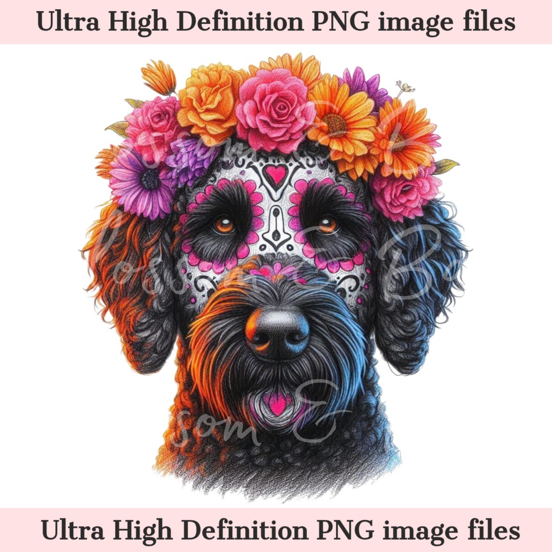 Digital Labradoodle PNG Day of the Dead Png - Cute Black Doodle Dog PNG ...