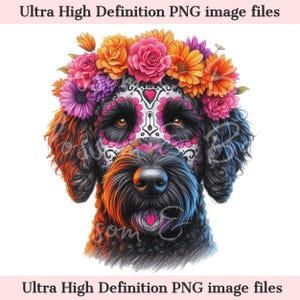 Digital Labradoodle PNG Tag der Toten png - Süßer schwarzer Doodle Hund PNG Sofort-Download für Halloween-Shirt Sublimation für Hundemutter