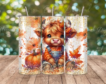 Digital - Highland Cow with Pumpkin Tumbler Wrap 20 oz Skinny Tumbler Sublimation Design Pumpkin Picking PNG Digital, Western Fall PNG