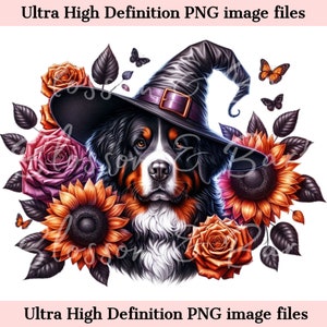 Digitaler Berner Sennenhund PNG - Halloween PNG Sofort-Download für Hundefriseur - Vintage Blumen Hund Hexe Shirt Sublimation - Haustier Porträt