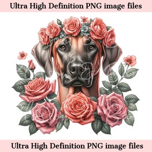 May include: A brown and black dog with a flower crown made of pink roses. The dog is surrounded by pink roses and green leaves.