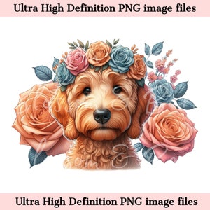 Perro garabato digital PNG Arte de perro con flores - Cachorro garabato dorado PNG Descarga instantánea para sublimación de camisetas y diseño de vaso para regalo de mamá perrita