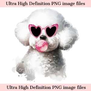 Retrato de perro de acuarela PNG con bichón frisé digital PNG - Descarga para sublimación de camiseta de perro bichón frisé con gafas de corazón - Seguro para uso comercial