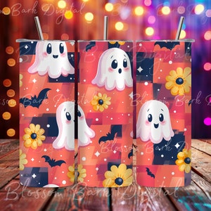 Digital - Nahtlose Groovy Ghost Wrap - 20 Unzen Tumbler Retro Sublimation Design - Pastell Orange Halloween Muster Gerade Tumbler Wrap PNG